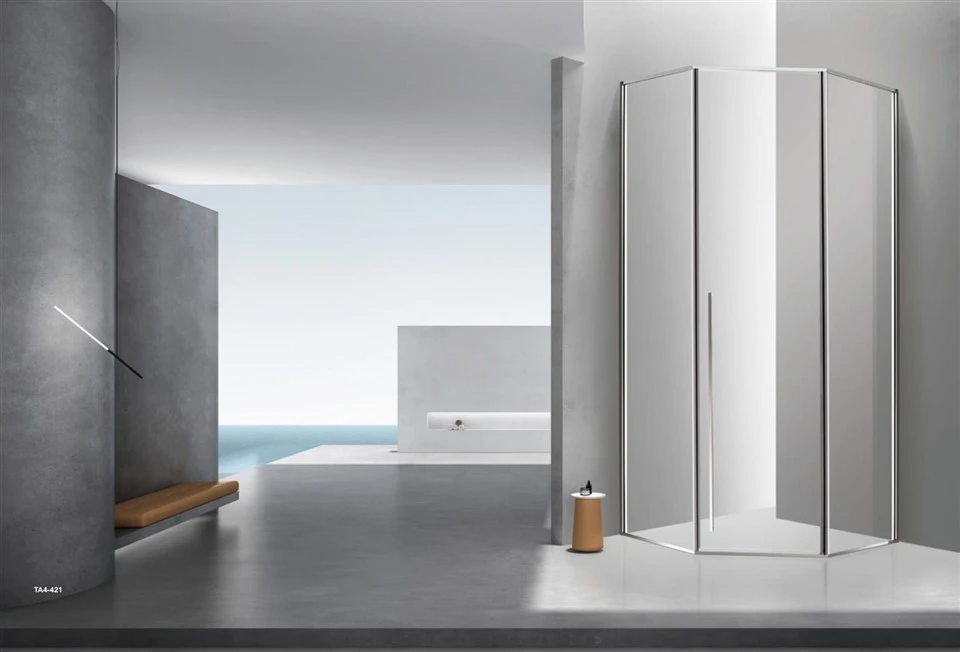 Cuarto de ducha con puerta abatible y diseño de diamante