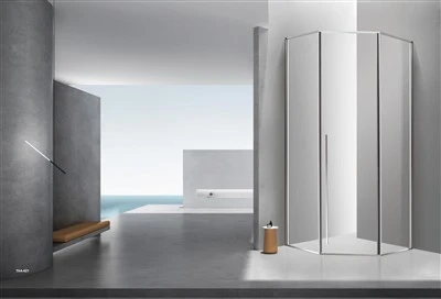Cuarto de ducha con puerta abatible y diseño de diamante
